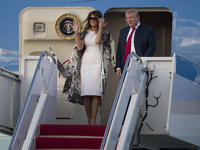 WEST PALM BEACH, FLORIDA - APRIL 18: US President Donald Trump and First Lady Melania Trump step from Air Force One at the Palm Beach International Airport to spend Easter weekend at his Mar-a-Lago resort on April 18, 2019 in West Palm Beach, Florida. President Trump arrived as the report …