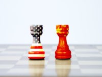 USA flag and China flag print screen on chess with white background.It is symbol of tariff trade war tax barrier between United States of America and China.-Image.
