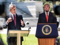COLUMBIA, SC - SEPTEMBER 16: Former South Carolina Gov. Mark Sanford speaks to the media with a cardboard cutout of President Donald Trump during a campaign stop at the state house on September 16, 2019 in Columbia, South Carolina. Sanford is running against the Republican president in the primary election. …
