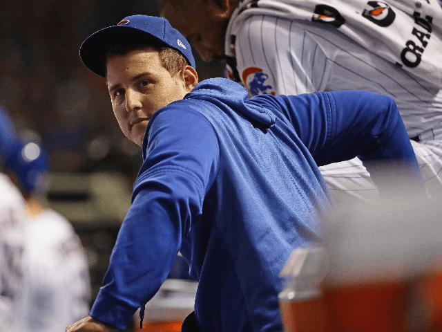 Anthony Rizzo #44 of the Chicago Cubs is seen on the bench during a game against the Cinci
