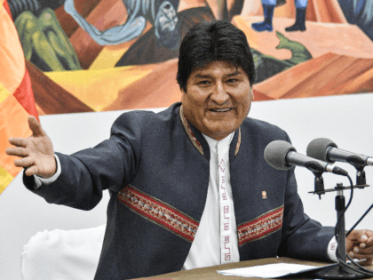 Bolivia's President and presidential candidate Evo Morales gestures during a press conference at the Casa Grande del Pueblo (Great House of the People) in La Paz, on October 24, 2019. - Evo Morales said Thursday he was open to holding a second round run-off in Bolivia's presidential elections, despite claiming …