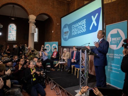 LONDON, ENGLAND - NOVEMBER 01: Leader of the Brexit Party, Nigel Farage, speaks at the lau