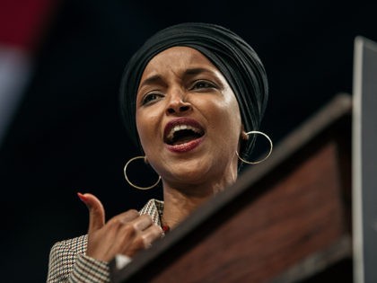 MINNEAPOLIS, MN - NOVEMBER 03: Representative Ilhan Omar (D-MN) speaks at a campaign rally for Senator (I-VT) and Democratic presidential candidate Bernie Sanders at the University of Minnesotas Williams Arena on November, 3, 2019 in Minneapolis, Minnesota. Before introducing him, Rep. Omar praised Sanders for his support of unions, comprehensive …