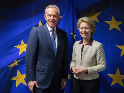 Former British Prime Minister Tony Blair (L) is welcomed by the President of the European Commission Ursula von der Leyen, ahead of a meeting at the European Commission in Brussels, Belgium, 6 November 2019. (Photo by STEPHANIE LECOCQ / EPA / AFP) (Photo by STEPHANIE LECOCQ/EPA/AFP via Getty Images)