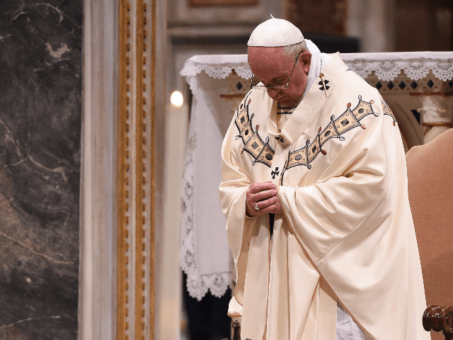 Pope Francis prays during a mass on the occasion of the feast of the Dedication of the Basilica of Saint John Lateran, on November 9, 2019 at the Basilica of Saint John Lateran in Rome. (Photo by Filippo MONTEFORTE / AFP) (Photo by FILIPPO MONTEFORTE/AFP via Getty Images)