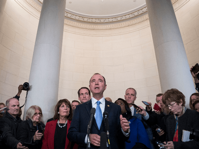 Representative Adam Schiff, a Democrat from California and chairman of the House Intelligence Committee, answers questions from members of the media after a House Intelligence Committee impeachment inquiry hearing in Washington, D.C., U.S., on Wednesday, Nov. 13, 2019. In the first public impeachment hearings in more than two decades, House …