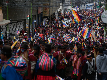 Supporters of Evo Morales wearing the traditional ponchos and holding Wiphala flags take part in a protest on November 14, 2019 in La Paz, Bolivia. Since Evo Morales resignation due to back withdrawal from armed forces, his supporters have been flooding into the streets of El Alto clashing with police. …