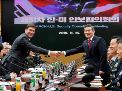 US Defense Secretary Mark Esper (L) shakes hands with South Korean Defence Minister Jeong Kyeong-doo (R) for the media prior to the 51st Security Consultative Meeting (SCM) at the Defence Ministry in Seoul on November 15, 2019. (Photo by Lee Jin-man / POOL / AFP) (Photo by LEE JIN-MAN/POOL/AFP via …