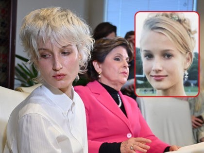'Jane Doe 15' who accuses the late financier Jeffrey Epstein of sexually abusing her when she was a child, holds a press conference at the office of her attorney Gloria Allred in Los Angeles, California, November 18, 2019. - Jane Doe 15, who did not want to reveal her real …