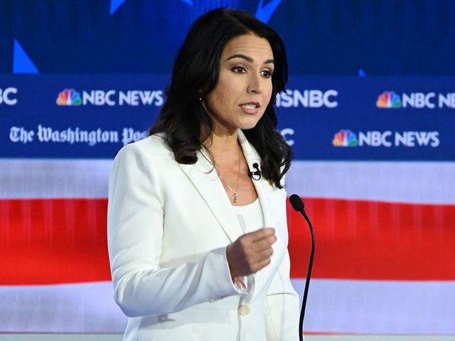Democratic presidential hopeful Representative for Hawaii Tulsi Gabbard speaks during the fifth Democratic primary debate of the 2020 presidential campaign season co-hosted by MSNBC and The Washington Post at Tyler Perry Studios in Atlanta, Georgia on November 20, 2019. (Photo by SAUL LOEB / AFP) (Photo by SAUL LOEB/AFP via …