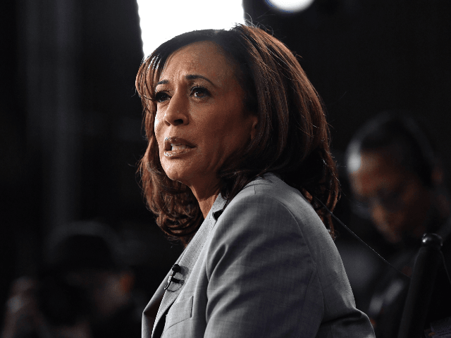 Democratic presidential hopeful California Senator Kamala Harris speaks to the press in th