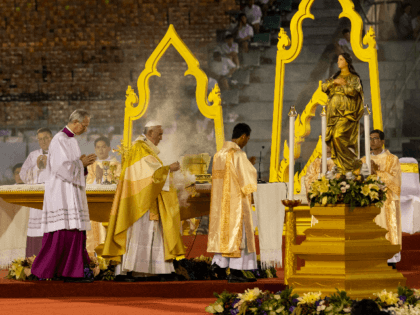 Pope Francis is seen during mass at The National Stadium of Thailand on November 21, 2019 in Bangkok, Thailand. Pope Francis arrived in Bangkok yesterday to begin a three day tour in Thailand followed by Japan. This is the first visit by the head of the Roman Catholic church since …