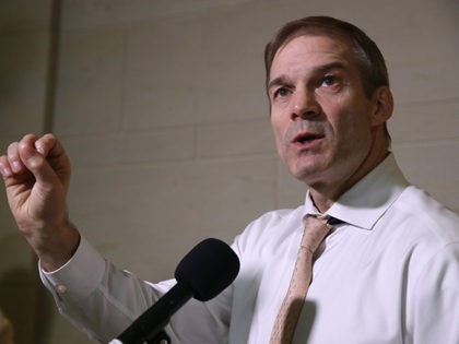 WASHINGTON, DC - OCTOBER 29: Rep. Jim Jordan (R-OH), speaks to the media outside of a closed-door deposition on Capitol Hill, October 29, 2019 in Washington, DC. Army Lt. Col. Alexander Vindman, Director for European Affairs at the National Security Council, is being deposed as part of the impeachment inquiry …