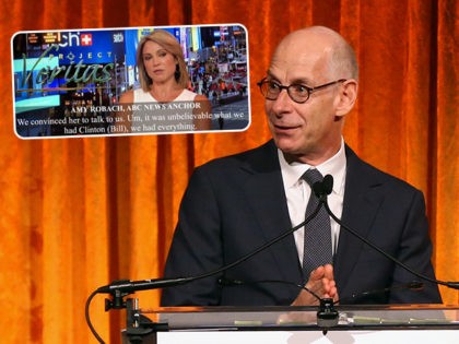 (INSET: Screenshot of Amy Robach's hot mic video, published by Project Veritas) NEW YORK, NEW YORK - OCTOBER 30: James Goldston speaks on stage during The International Women's Media Foundation's 2019 Courage In Journalism Awards at Cipriani 42nd Street on October 30, 2019 in New York City. (Photo by Bennett …