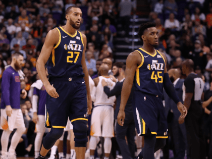 Rudy Gobert #27 and Donovan Mitchell #45 of the Utah Jazz during the first half of the NBA