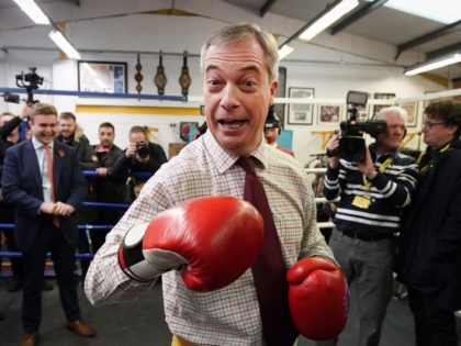 BOLSOVER, ENGLAND - NOVEMBER 05: Brexit party leader Nigel Farage attends an election campaign event at Bolsover Boxing Club on November 5, 2019 in Bolsover, England. The UK’s main parties are gearing up for a December 12 general election after the motion was carried in a bid to break the …