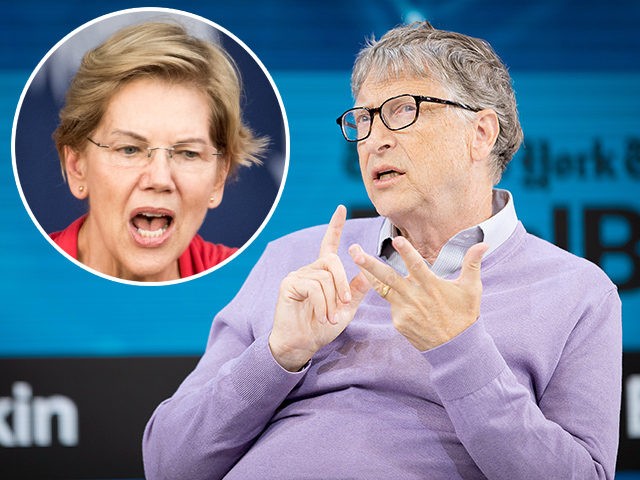 (INSET: Elizabeth Warren) NEW YORK, NEW YORK - NOVEMBER 06: Bill Gates, Co-Chair, Bill & Melinda Gates Foundation speaks onstage at 2019 New York Times Dealbook on November 06, 2019 in New York City. (Photo by Michael Cohen/Getty Images for The New York Times)