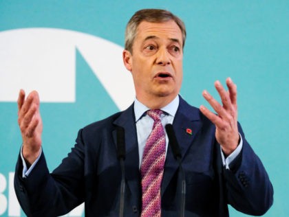 HARTLEPOOL, ENGLAND - NOVEMBER 11: Brexit Party leader Nigel Farage delivers his speech during the Brexit Party general election campaign tour at the Best Western Grand Hotel on November 11, 2019in Hartlepool, England. Nigel Farage has announced that his party will not stand in 317 seats won by the Conservative …