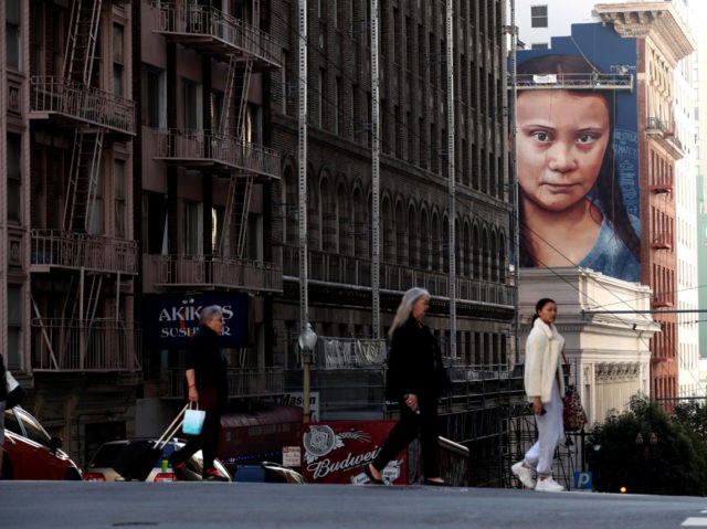 SAN FRANCISCO, CALIFORNIA - NOVEMBER 11: A view of a new four-story-high mural of Swedish climate activist Greta Thunberg on November 11, 2019 in San Francisco, California. A new mural honoring 16 year-old Swedish climate activist Greta Thunberg is nearing completion on the side of a building near San Francisco's …