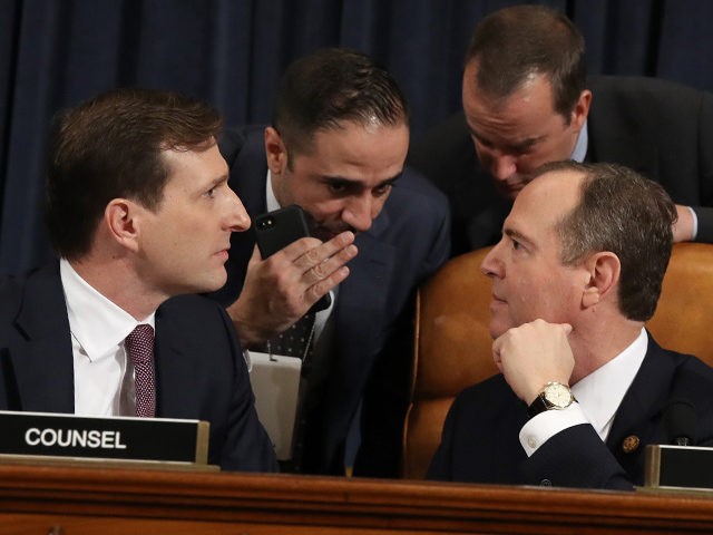 WASHINGTON, DC - NOVEMBER 13: Majority counsel for the House Intelligence Committee Daniel Goldman (lower left) and House Intelligence Committee Chairman Rep. Adam Schiff (lower right) (D-CA) confer as top U.S. diplomat to Ukraine, William B. Taylor Jr., and Deputy Assistant Secretary for European and Eurasian Affairs George P. Kent …