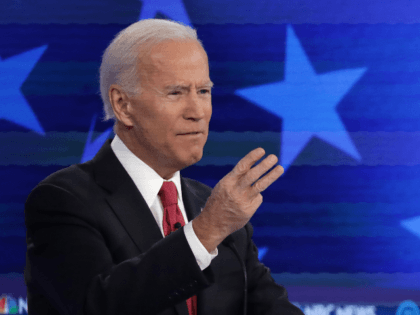 Former Vice President Joe Biden gestures during the Democratic Presidential Debate at Tyle