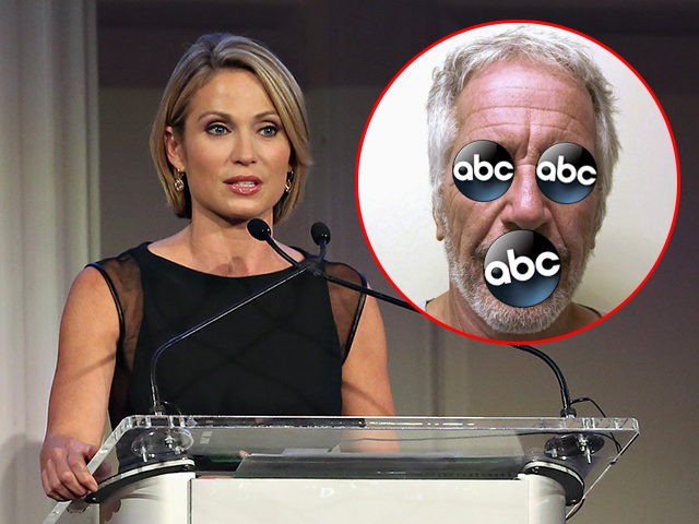 (INSET: Jeffrey Epstein/ABC News logo) NEW YORK, NY - OCTOBER 14: Amy Robach speaks at the