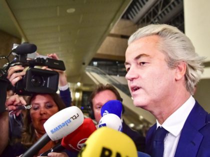 PVV leader Geert Wilders speaks to the press on election night in The Hague, on March 15, 2017. The Liberal party of Dutch Prime Minister Mark Rutte was set to win the most seats in Wednesday's elections, forcing far-right Geert Wilders into second place along with two other parties, the …