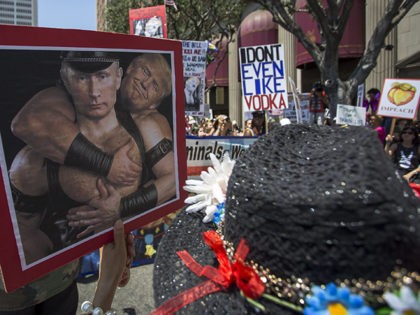 LOS ANGELES, CA - JULY 2: A protester carries a sign depicting Vladimir Putin and Presiden