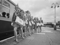 A group of 'Inter-City Girls' employed by British Rail to deal with passenger inquiries, as part of the company's latest marketing campaign for Inter-City train services, 6th May 1968. Not in order: Annette Middleton, Penny Gray, Angela Young, Kay Gill, Annabel Cholmeley, Sue Cameron, Sue Ann White, Veronica Cross, Gillian …