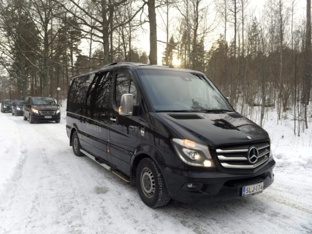 Black taxi minivans leave the Finnish government's Königstedt Manor, venue for various state negotiations and receptions in Riipilä, Vantaa, Finland, on March 20, 2018. A senior North Korean diplomat arrived on March 18 in Finland for talks with US and South Korean officials on a mooted nuclear summit between the …