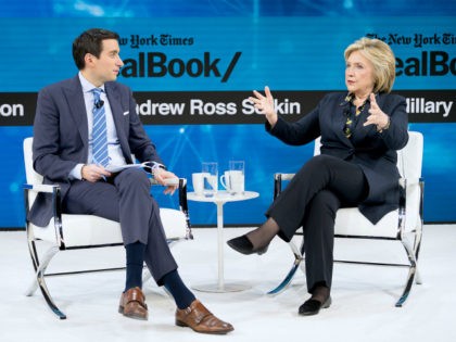 Andrew Ross Sorkin, Editor at Large, Columnist and Founder, DealBook, The New York Times speaks with Hillary Rodham Clinton, Former First Lady, U.S. Senator, U.S. Secretary of State onstage at 2019 New York Times Dealbook on November 06, 2019 in New York City. (Photo by Michael Cohen/Getty Images for The …