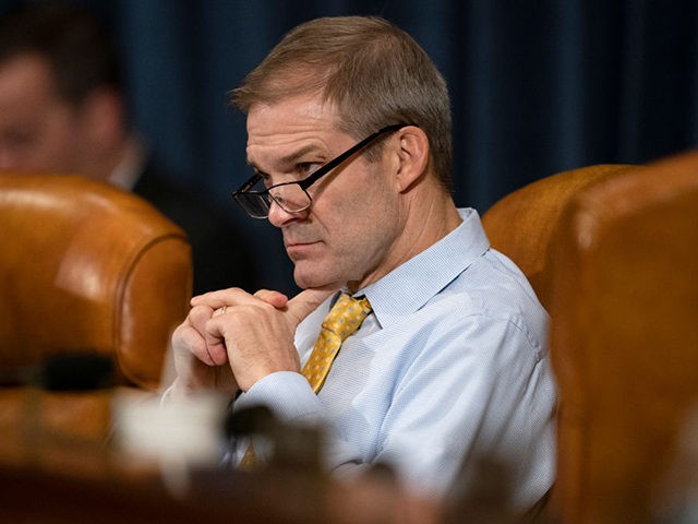 WASHINGTON, DC - NOVEMBER 20: Rep. Jim Jordan (R-OH) listens as Gordon Sondland, the U.S ambassador to the European Union, testifies before the House Intelligence Committee in the Longworth House Office Building on Capitol Hill November 20, 2019 in Washington, DC. The committee heard testimony during the fourth day of …