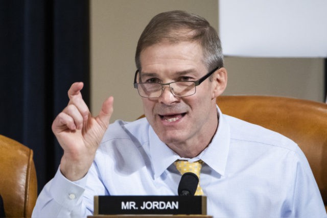 WASHINGTON, DC - NOVEMBER 13: Republican Representative from Ohio Jim Jordan questions Charge d'Affaires at the US embassy in Ukraine Bill Taylor during the House Permanent Select Committee on Intelligence hearing on the impeachment inquiry into US President Donald J. Trump, on Capitol Hill November 13, 2019 in Washington, DC. …
