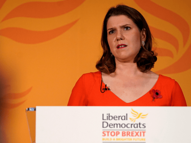 Britain's opposition Liberal Democrats party Leader, Jo Swinson, speaks during an event to launch the Liberal Democrat 2019 General Election campaign, in central London on November 5, 2019. - Britain goes to the polls on December 12 to vote in a pre-Christmas general election. (Photo by Niklas HALLE'N / AFP) …