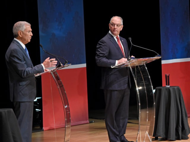 Eddie Rispone, left, responds to a question as Gov. John Bel Edwards, center, and Republican Rep. Ralph Abraham, right, watch as they participate in the first televised gubernatorial debate Thursday Sept. 19, 2019, in Baton Rouge, La. (Bill Feig/The Advocate via AP, Pool)