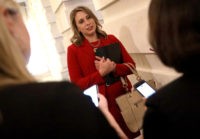WASHINGTON, DC - OCTOBER 31: Rep. Katie Hill (D-CA) answers questions from reporters at the U.S. Capitol following her final speech on the floor of the House of Representatives October 31, 2019 in Washington, DC. Hill announced she is resigning from Congress in the midst of an ethics probe regarding …