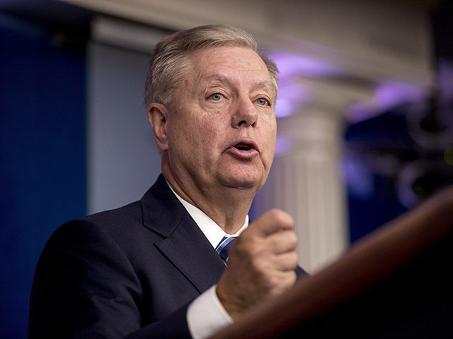 Sen. Lindsey Graham, R-S.C., speaks in the Briefing Room of the White House in Washington, Sunday, Oct. 27, 2019, following an announcement from President Donald Trump that Islamic State leader Abu Bakr al-Baghdadi has been killed during a US raid in Syria. (AP Photo/Andrew Harnik)