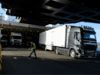 PORTSMOUTH, ENGLAND - JANUARY 08: A lorry carrying freight cargo disembarks from a Brittany Ferries service from Caen to Portsmouth International Ferry Port on January 08, 2019 in Portsmouth, England. Leader of the Liberal Democrats Vince Cable has visited Portsmouth International Ferry Terminal to hear how a no-deal Brexit may …