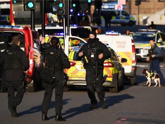 Metropolitan Police Armed Response officers gather near Borough Market after reports of shots being fired on London Bridge on November 29, 2019 in London, England. Police responded to an incident around 2:00 pm local time, followed by reports of gunfire. [Photo by Chris J Ratcliffe/Getty Images)