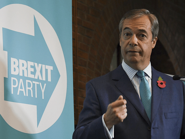 Brexit Party leader Nigel Farage launches his party's manifesto ahead of the upcoming General Election, in London, Friday, Nov. 1, 2019. Farage kicked off the Brexit Party campaign Friday, for Britain's December general election. (AP Photo/Alberto Pezzali)
