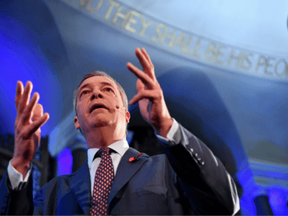 Brexit Party leader Nigel Farage speaks at an event to introduce their Prospective Parliamentary Candidates (PPC) for the 2019 general election in London on November 4, 2019. - Britain goes to the polls on December 12 to vote in a pre-Christmas general election. (Photo by Ben STANSALL / AFP) (Photo …