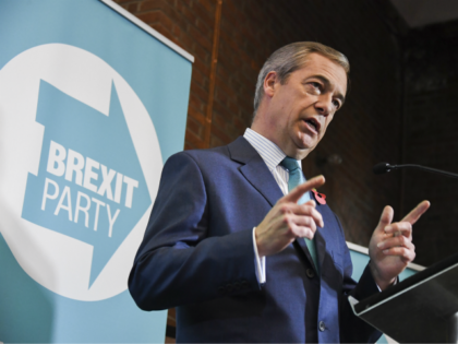 Brexit Party leader Nigel Farage launches his party's manifesto ahead of the General Election, in London, Friday, Nov. 1, 2019.(AP Photo/Alberto Pezzali)