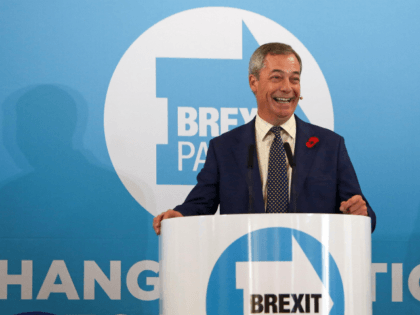 Brexit Party leader Nigel Farage speaks during a general election campaign visit to Pontypool in south Wales on November 8, 2019. - Britain goes to the polls on December 12 to vote in a pre-Christmas general election. (Photo by GEOFF CADDICK / AFP) (Photo by GEOFF CADDICK/AFP via Getty Images)