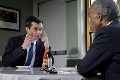 Democratic presidential candidate Mayor Pete Buttigieg (L) of South Bend, Indiana and civi