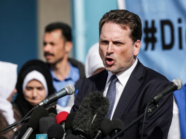 Pierre Krahenbuhl, Commissioner General for the United Nations Relief and Works Agency for Palestine Refugees (UNRWA), speaks during a press conference at an UNRWA school in Gaza City on January 22, 2018. (Photo by MAHMUD HAMS / AFP) (Photo credit should read MAHMUD HAMS/AFP via Getty Images)