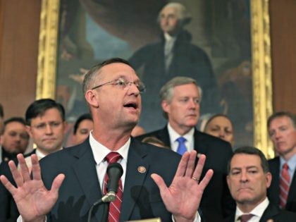 WASHINGTON, DC - OCTOBER 31: Rep. Doug Collins (R-GA) (C), speaks during a news conference after the close of a vote by the U.S. House of Representatives on a resolution formalizing the impeachment inquiry centered on U.S. President Donald Trump October 31, 2019 in Washington, DC. The resolution, passed by …