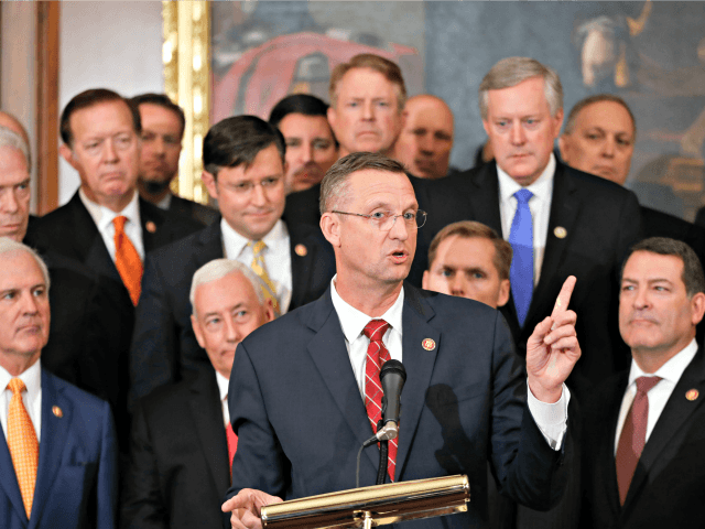 Rep. Doug Collins, R-Ga., center, is joined by fellow Republican lawmakers gestures while speaking during a news conference on Capitol Hill in Washington, Thursday, Oct. 31, 2019. Democrats pushed a package of ground rules for their inquiry of President Donald Trump through a sharply divided House, the chamber's first formal …