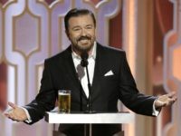 BEVERLY HILLS, CA - JANUARY 10: In this handout photo provided by NBCUniversal, Host Ricky Gervais speaks onstage during the 73rd Annual Golden Globe Awards at The Beverly Hilton Hotel on January 10, 2016 in Beverly Hills, California. (Photo by Paul Drinkwater/NBCUniversal via Getty Images)