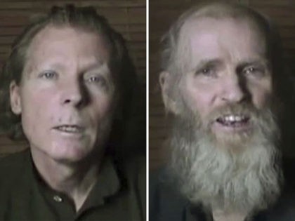 In this two photo combination image taken from video released Wednesday June 21, 2017, by the Taliban spokesman Zabihullah Mujahid, showing kidnapped teachers Australian Timothy Weekes, top, American Kevin King, who were both abducted by the insurgents in Afghanistan in August 2016. The two men were abducted outside the American …