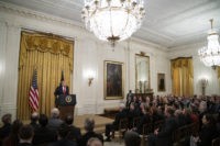 WASHINGTON, DC - NOVEMBER 6: U.S. President Donald Trump speaks about judicial confirmations during an event in the East Room of the White House on November 6, 2019 in Washington, DC. More than 150 of the president's federal judicial nominees have been confirmed by the Republican-controlled Senate. (Photo by Drew …